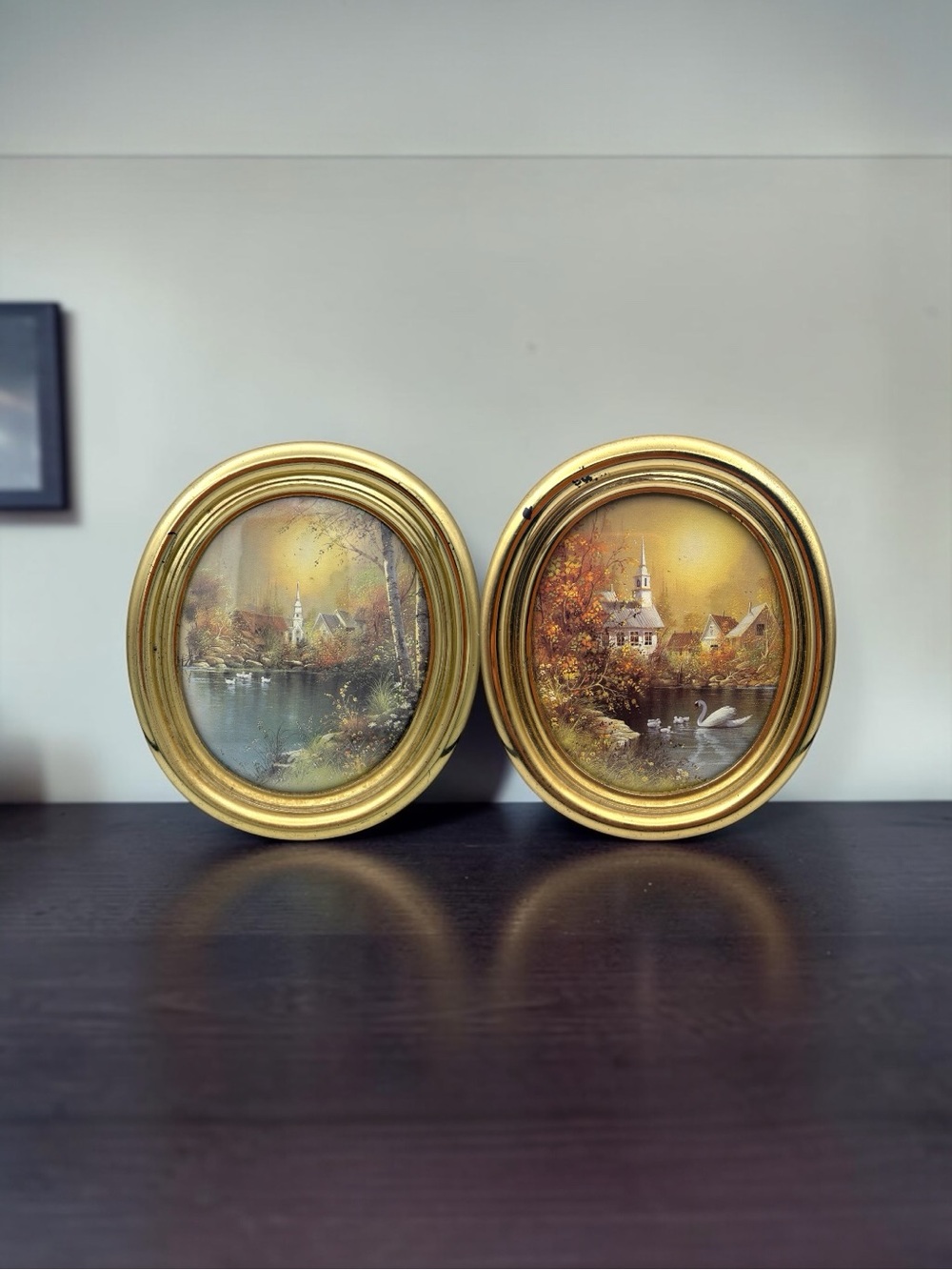 Vintage Homco Gold Oval Framed Cottage Prints Set of 2 Wall Decor Swans Church